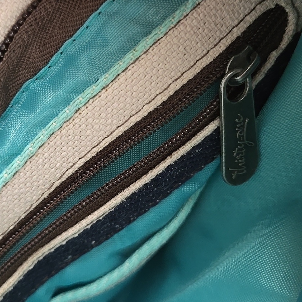 Thirty One Organizing Crossbody Tote In Blue Twill Stripe Adjustable And Pockets - Picture 12 of 17